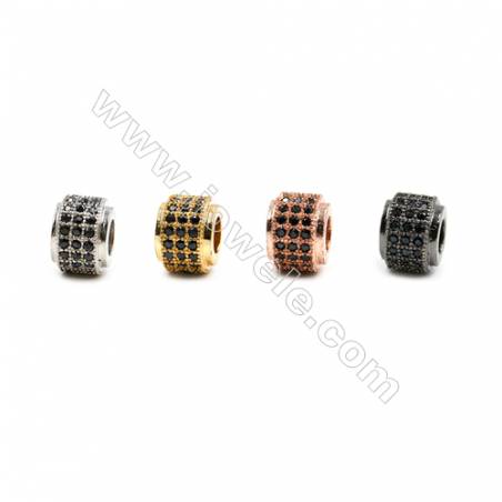 銅製品 珠子 圓柱 鑲鋯石 尺寸6x9毫米 孔徑4毫米 12個/包 金色 白金色 玫瑰金色 槍黑色