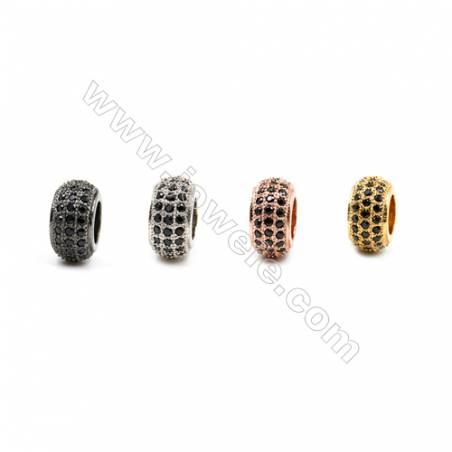 Brass Grand Hole Beads, (Gold, Platinum, Rose Gold, Gun Black) Plated, CZ Micropave, Round, Size 5x10mm, Hole 4.5mm, 10pcs/pack