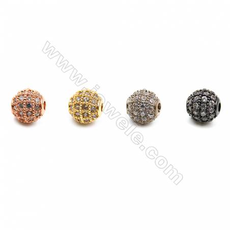 Brass Beads, (Gold, Platinum, Rose Gold, Gun Black)Plated, Round, CZ Micropave, Diameter 6mm, Hole 1mm, 12pcs/pack