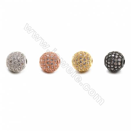 Brass Beads, (Gold, Platinum, Rose Gold, Gun Black)Plated, Round, CZ Micropave, Diameter 8mm, Hole 1.5mm, 10pcs/pack