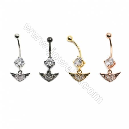 Brass Belly Ring  (Gold Platinum Rose Gold Gun Black) Plated  Heart  CZ Micropave  Size 32x13mm  16pcs/pack