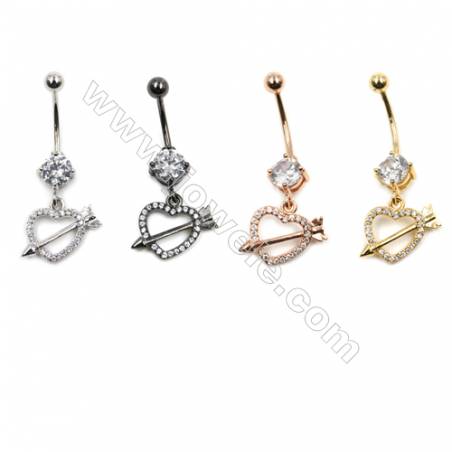 Brass Belly Ring  (Gold Platinum Rose Gold Gun Black) Plated  Heart  CZ Micropave  Size 36x14mm  16pcs/pack