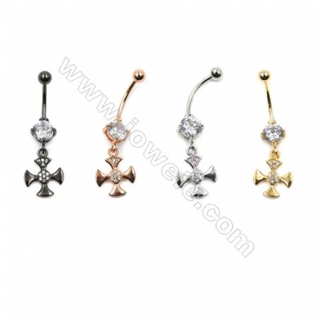 Brass Belly Ring  (Gold Platinum Rose Gold Gun Black) Plated  Cross  CZ Micropave  Size 38x11mm  16pcs/pack