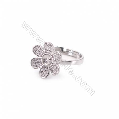 Sterling silver platinum plated adjustable finger ring setting for half drilled beads diameter 16.5mm  pin 0.7mm  tray 5mm