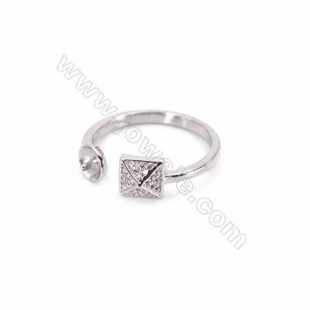 Platinum plated sterling silver adjustable finger ring zircon micropave findings  diameter 17mm  tray 5mm  pin 0.7mm X 1piec