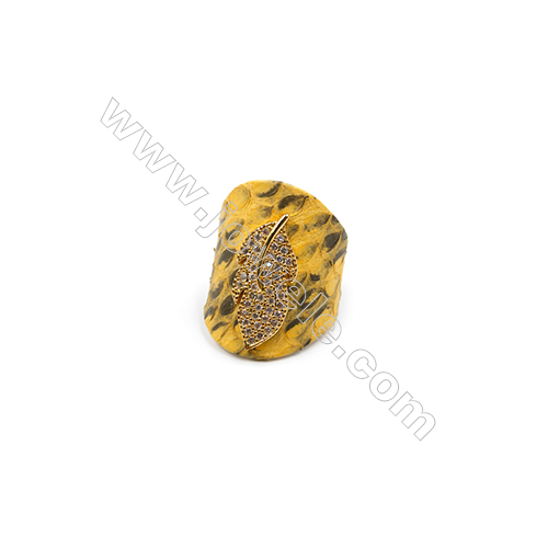 Snakeskin Rings(Adjustable), with Gold Plated Brass Micro Pave Cubic Zirconia, Leaf, Size 31mm, Inside Diameter 20mm, x1pc