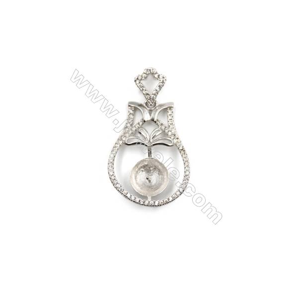 925 Sterling silver zircon pendant platinum plated, 20x28mm, x 5pcs, Tray 9mm