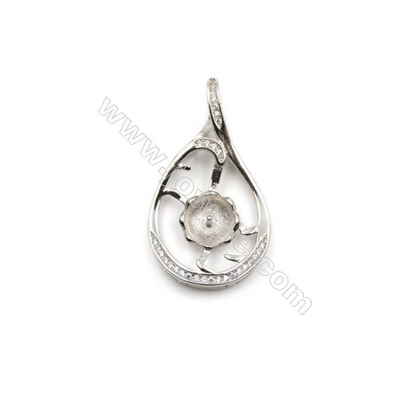 925 Sterling silver platinum plated zircon pendant, 18x32mm, x 5pcs, Tray 9mm