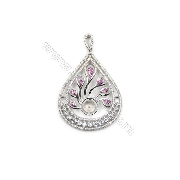 925 Sterling silver platinum plated CZ pendant, 39x52mm, x 5pcs, tray 11mm