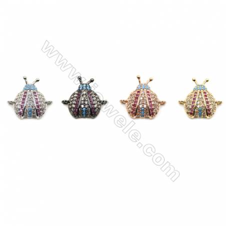 Brass Pave Cubic Zirconia Connectors, Ladybug, Hole 1mm, Size 10x15mm, x14pcs/pack