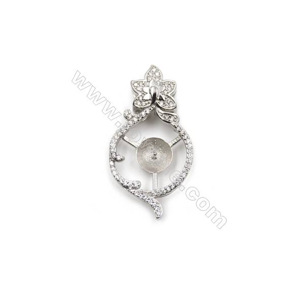 925 Sterling silver platinum plated zircon pendant, 17x33mm, x 5pcs, tray 8mm, needle 0.7mm