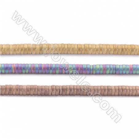 Frosted Rainbow Color Plated Hematite Beads Strand, Flat Round, Size 3x1mm, Hole 1mm, about 390 beads/strand 15~16"