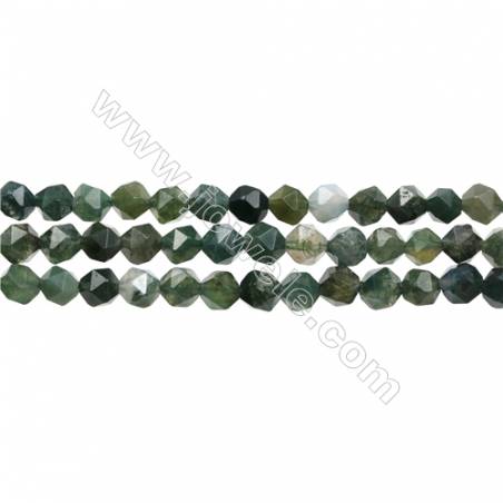 Natural Moss Agate Bead Strands, Star Cut Faceted, Size 6x6mm, Hole 1mm, 15~16"/strand