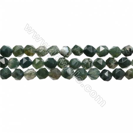 Natural Moss Agate Bead Strands, Star Cut Faceted, Size