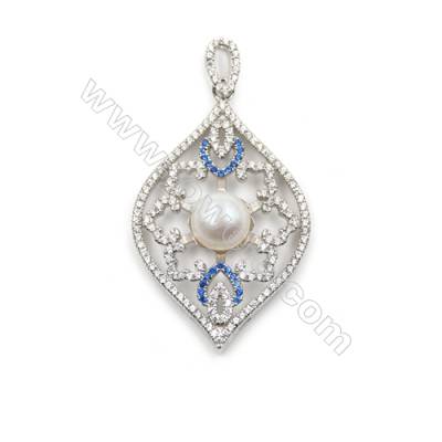 925 Sterling silver platinum plated zircon pendant findings, 25x39 mm, x 5 pc, tray 9mm, needle 0.9mm