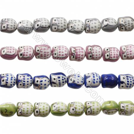 Perles en porcelaine sur fil hiboux couleur mixte  Taille 15x16mm trou2.0mm Environ 20perles/fil