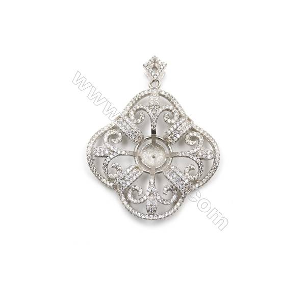925 Sterling silver platinum plated zircon pendant, 32x37mm, x 2pcs, tray 7mm, needle 0.7mm