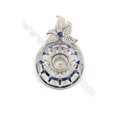 925 Sterling silver platinum plated zircon pendant, 28x42mm, x 5pcs, tray 7mm, needle 0.6mm