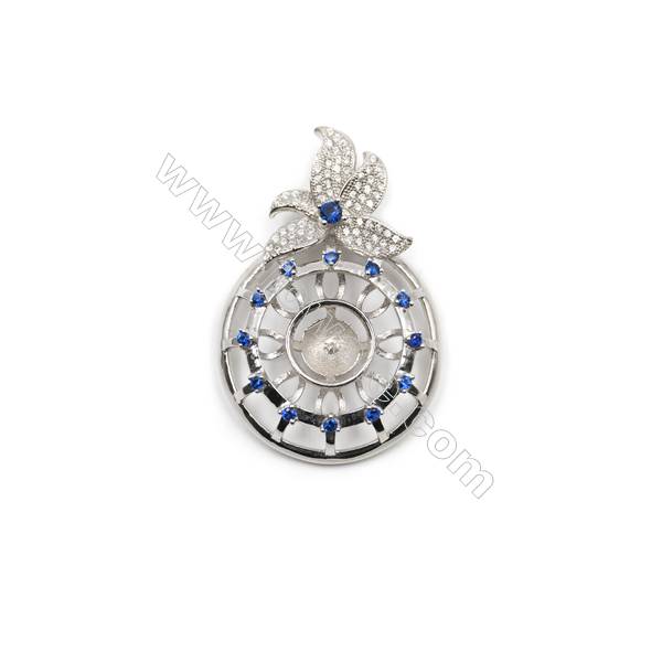 925 Sterling silver platinum plated zircon pendant, 28x42mm, x 5pcs, tray 7mm, needle 0.6mm