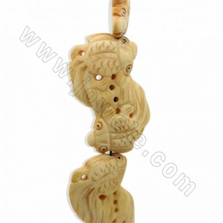 Handmade Carved Ox Bone Beads Strands, Double Fish, Yellow, Size 30x47mm, Hole 1.5mm, 8 beads /strand
