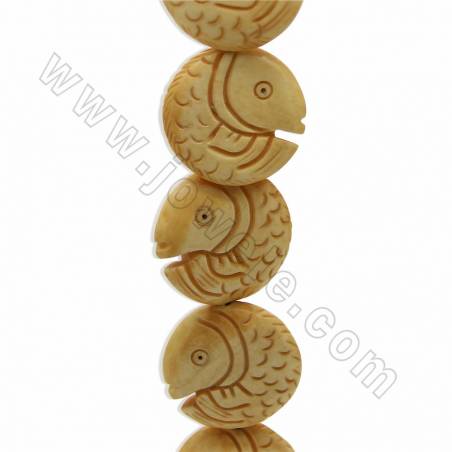 Handmade Carved Ox Bone Beads Strands, Fish, Yellow, Size 28x28mm, Hole 1.5mm, 10 beads/strand
