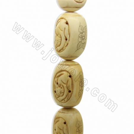 Handmade Carved Cat Pattern Ox Bone Beads Strands, Long drum beads, Yellow, Size 28x40mm, Hole 1.5mm, 10 beads/strand