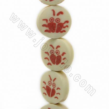 Handmade Carved Crab Pattern Ox Bone Beads Strands, Flat Round, Light Yellow, Size 16.5x16.5mm, Hole 1mm, 25 beads/strand
