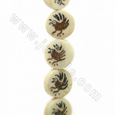 Handmade Carved Fowl Pattern Ox Bone Beads Strands, Flat Round, Light Yellow, Size 16.5x16.5mm, Hole 1mm, 25 beads/strand