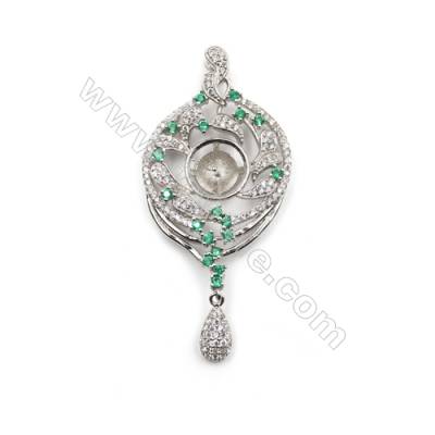 Sterling silver platinum plated zircon pendant, 25x44mm, x 5pcs, tray 11mm, needle 0.8mm