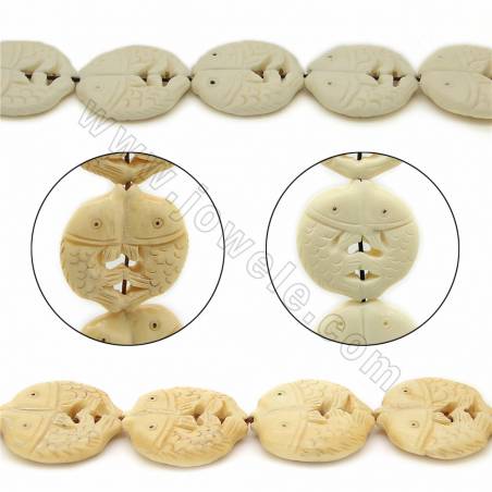 Handmade Carved Ox Bone Beads Strands, Double Fish, Size 29.5x29.5mm, Hole 1mm, 14 beads/strand