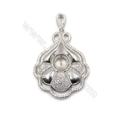Sterling silver platinum plated zircon pendant, 32x41mm, x 5pcs, tray 11mm, needle 0.7mm