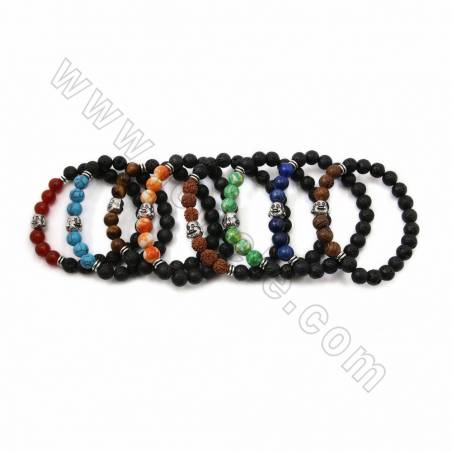 Natural Black Lava Beaded Stretch Bracelets, Gemstone and Maitreya Buddha Charm Bracelets, Beads 8mm, 59mm, 20 pcs/pack