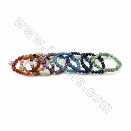 Colorfull Natural Lava Stretch Bracelets, with Gemstone and Alloy Charms, Round & Cube, 62-63mm, 20 pcs/pack