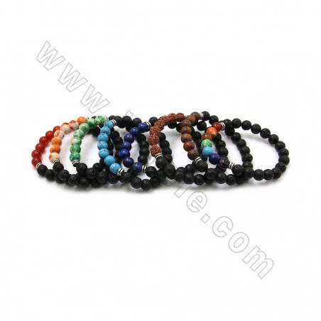 Natural Black Lava Beaded Stretch Bracelets, with Gemstone and Alloy Spacer Beads, 63mm, 20 pcs/pack