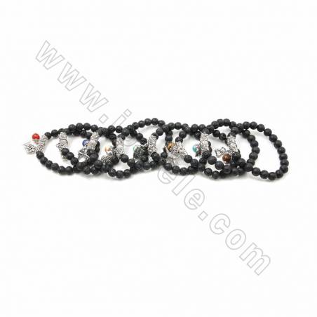 Natural Black Lava Beaded Stretch Bracelets, with Gemstone and Alloy Charms, inner diameter 58mm, 20 pcs/pack