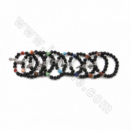 Natural Black Lava Beaded Stretch Bracelets, Gemstone and Alloy Charm Bracelets, with Alloy Spacer Beads, 58mm, 20 pcs/pack