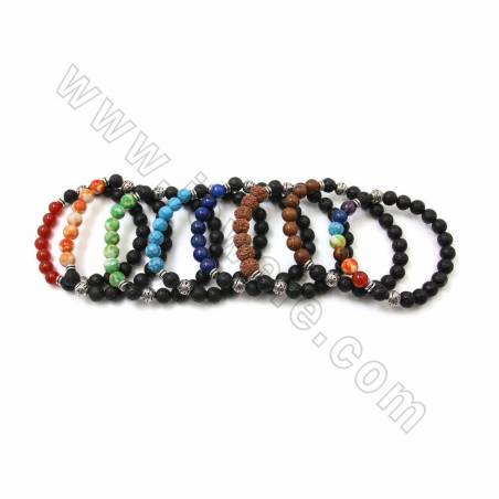 Natural Black Lava Mixed Gemstone Beaded Stretch Bracelets, with Double Alloy Beads, Round, 60mm, 20 pcs/pack