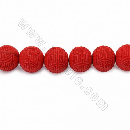 Conta Redonda em Cinábrio esculpido (vermelho) com 26x23x24mm, 1mm de furo - 16 contas/cordão