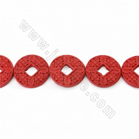 中國風硃砂雕刻銅錢（花紋）串珠 暗紅色 尺寸36x36x5毫米孔徑1毫米 11顆/串