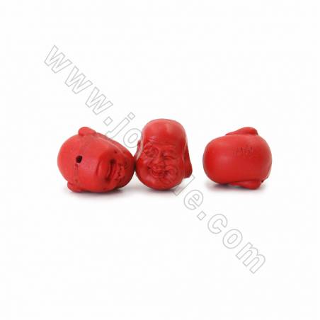 中國風硃砂雕刻彌勒佛頭像串珠 暗紅色 尺寸17x20x20毫米孔徑1毫米 18顆/串