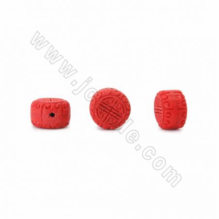 中國風硃砂雕刻圓柱（花紋）串珠 紅色 尺寸18x11x18毫米孔徑1毫米 22顆/串