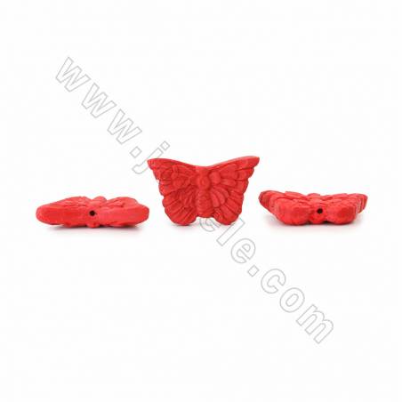 Conta Borboleta Cinábrio esculpida (vermelho) com 38x8x22mm, 1mm de furo - 20 contas/cordão