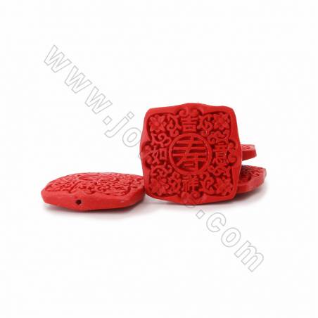 Cinnabar Carved Chinese Character “寿” Beads Strands, Square, Red, Size 42x9x42mm, Hole 1mm, 10beads/strand