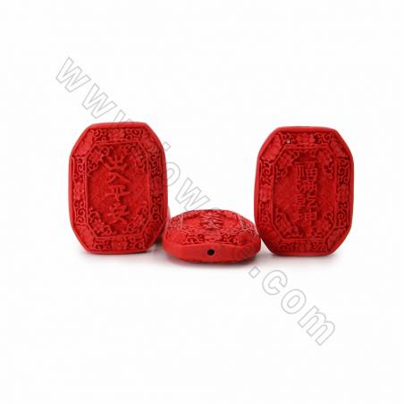 辰砂彫り漢字ビーズ連、多角形、赤、サイズ43x14x58mm、穴2mm、7ビーズ/一連
