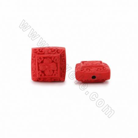 Zinnober-Schnitzerei im chinesischen Stil Quadratischer Perlen rot Größe 20x11x20mm Bohrung 1mm 20Stück / Strang