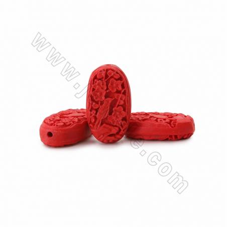 中國風硃砂雕刻扁蛋形串珠 紅色 尺寸18x9x31毫米孔徑1毫米 14顆/串