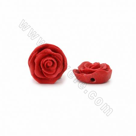 Conta polígono Cinábrio esculpido em forma de rosa (vermelho escuro) com 17x9x17mm, 1mm de furo - 25 contas/cordão