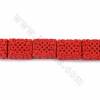 Conta retangular em Cinábrio vermelho escuro com Nó chinês esculpido com 22x14x28mm, 1mm de furo - 14 contas/cordão