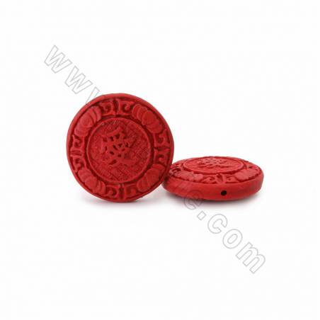 Cinnabar Carved Chinese Character Beads Strands, Flat Round, Dark Red, Size 25x7mm, Hole 1mm, 13beads/strand