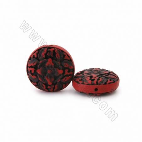 中國風硃砂雕刻圓形（花）串珠 黑紅色 尺寸31x13毫米孔徑1毫米 13顆/串